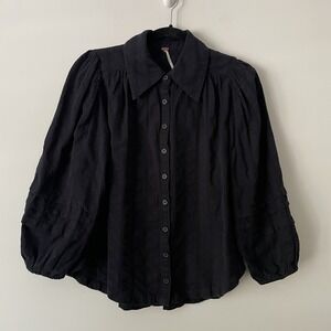 Free People Happy Days Puff Sleeve Boxy Button Front Top Black XS Cropped Cotton
